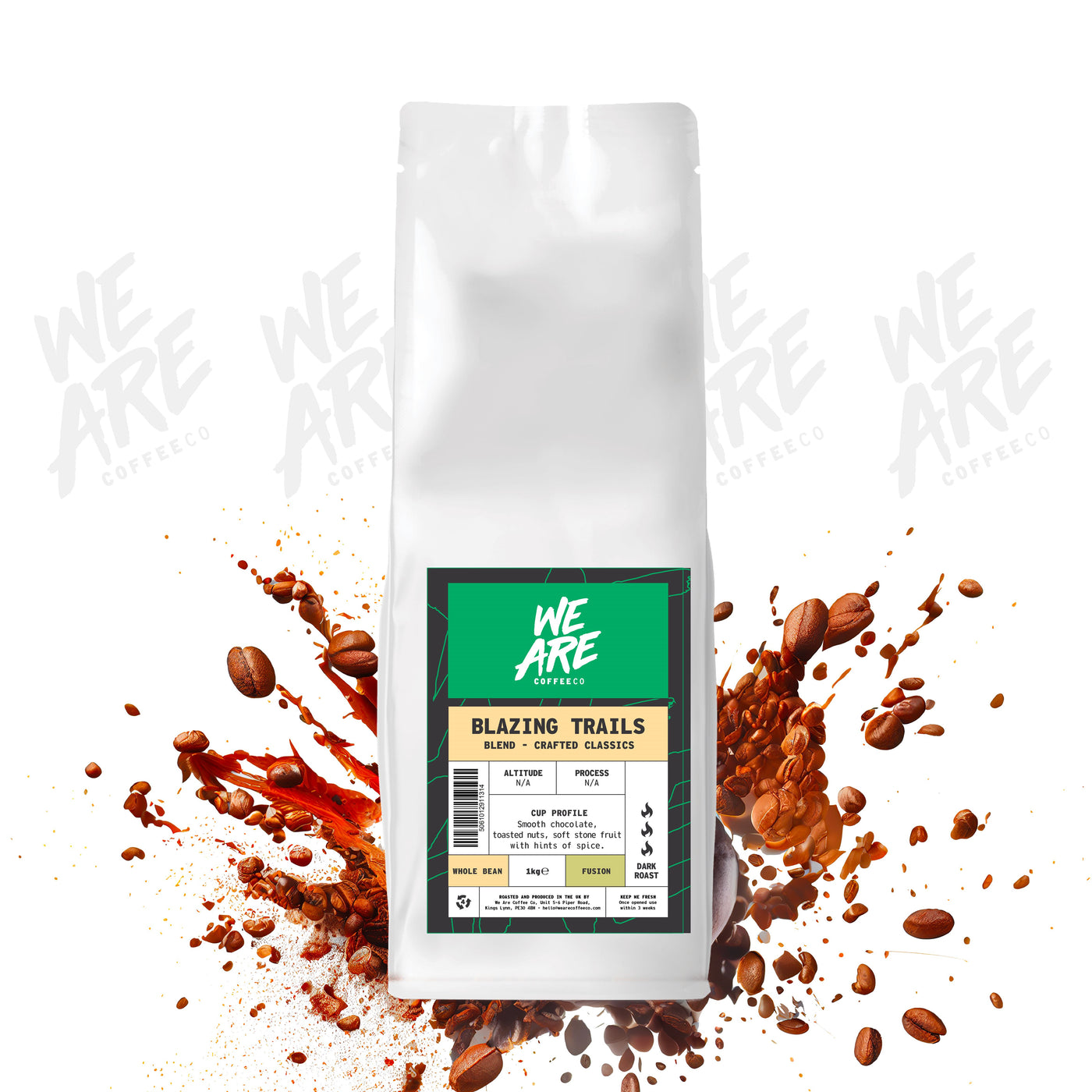 Blazing Trails Blend whole bean coffee - display by We Are Coffee Co