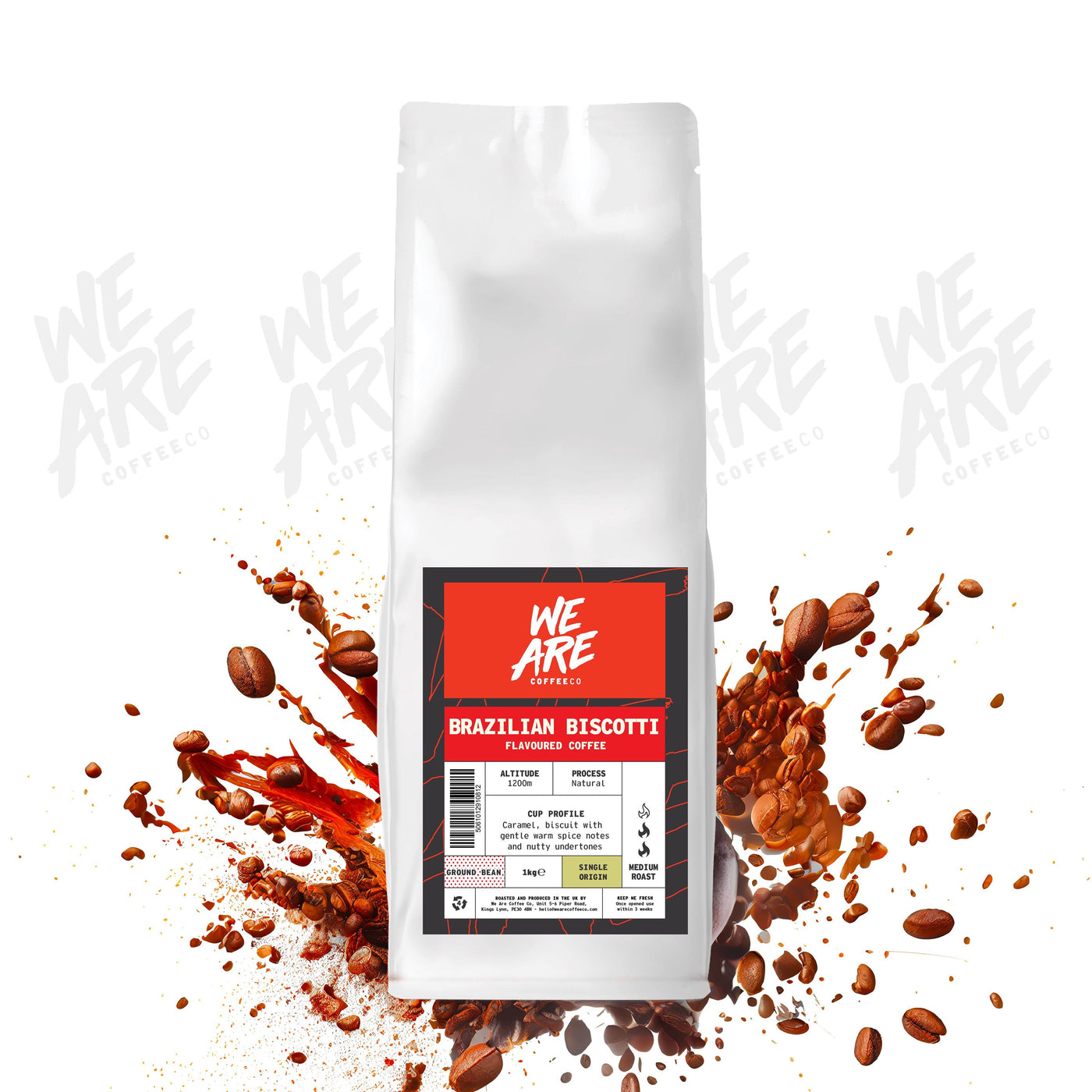 Brazilian Biscotti Flavoured Coffee ground coffee - display by We Are Coffee Co