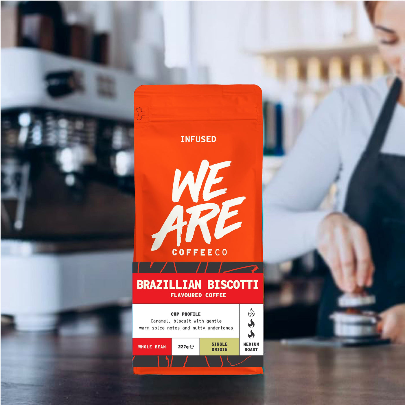 Brazilian Biscotti Flavoured Coffee whole bean coffee - lifestyle shot by We Are Coffee Co