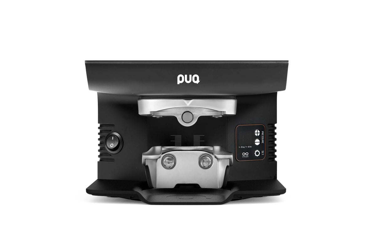 Puqpress M6 automatic tamper with portafilter, front view