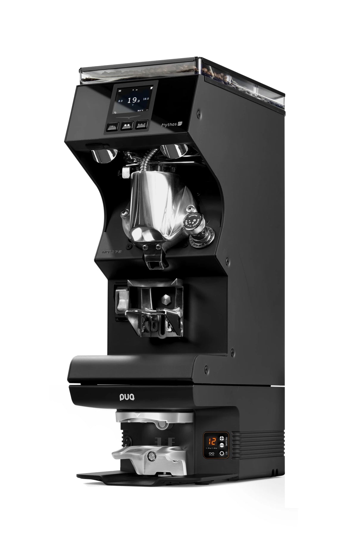 Puqpress M6 installed under a compatible grinder, three-quarter view