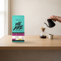 The three single origin coffees in use on a kitchen counter
