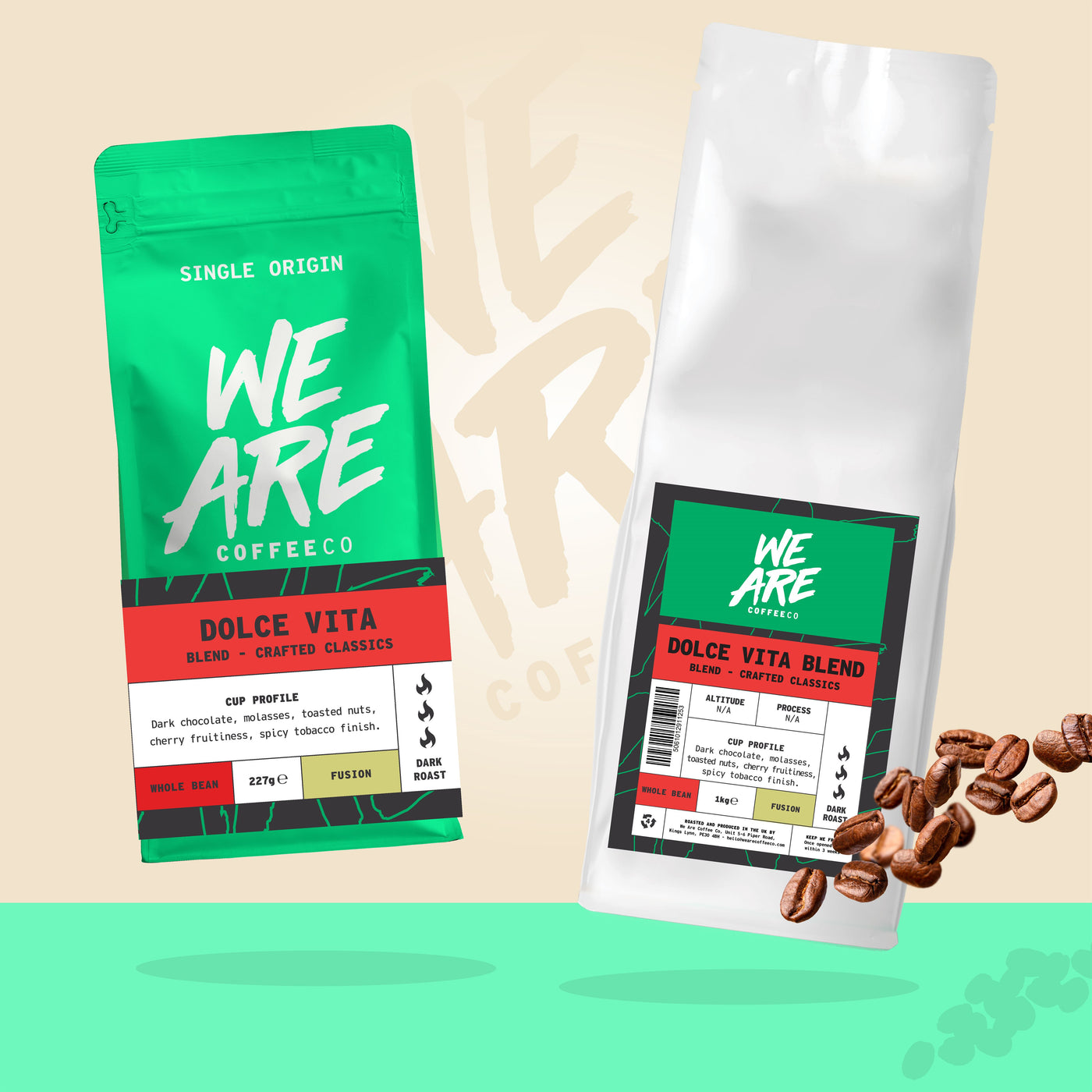 Dolce Vita (Italian Roast) Blend whole bean coffee - back label by We Are Coffee Co