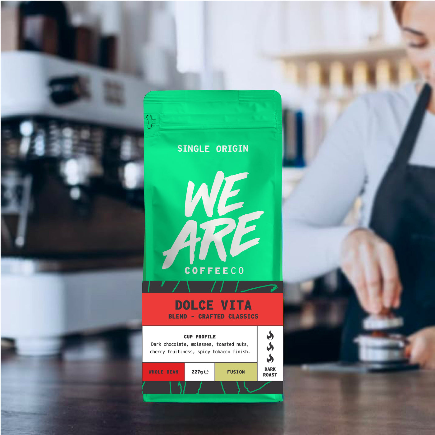 Dolce Vita (Italian Roast) Blend whole bean coffee - lifestyle shot by We Are Coffee Co