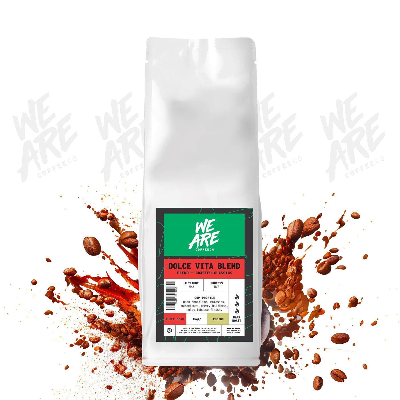 Dolce Vita (Italian Roast) Blend whole bean coffee - display by We Are Coffee Co