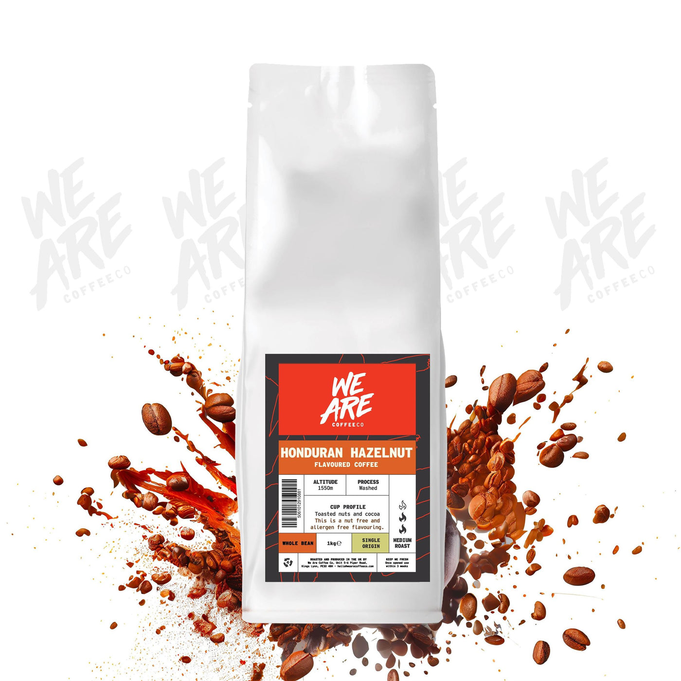 Honduran Hazelnut Flavoured Coffee whole bean coffee - display by We Are Coffee Co
