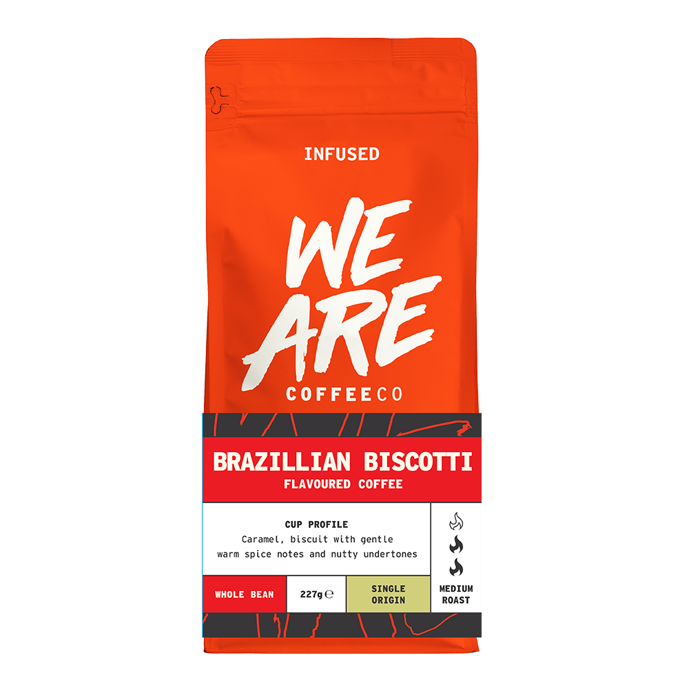 Brazilian Biscotti Flavoured Coffee - front pack shot by We Are Coffee Co