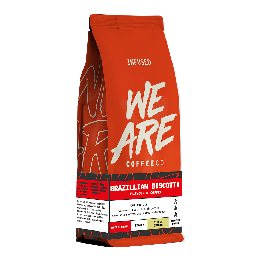 Brazilian Biscotti Flavoured Coffee - side pack shot by We Are Coffee Co