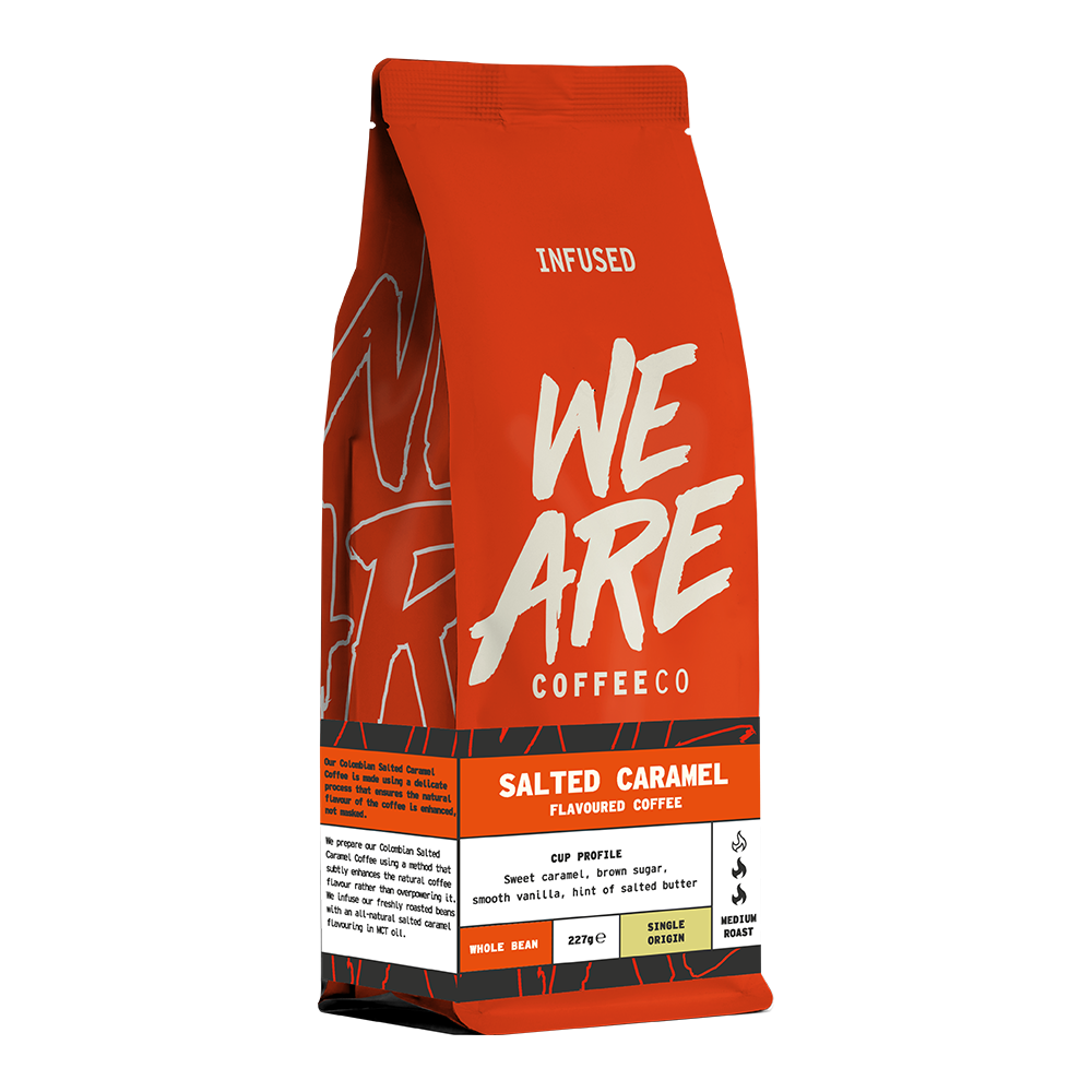 Colombian Salted Caramel Flavoured Coffee - side pack shot by We Are Coffee Co