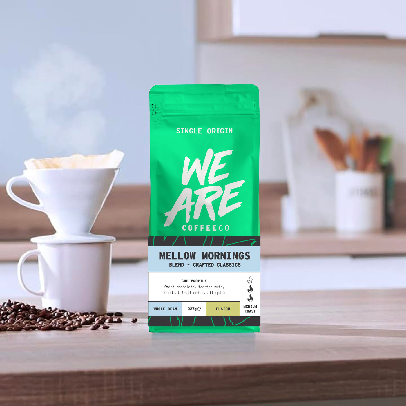 Mellow Morning Blend whole bean coffee - serving suggestion by We Are Coffee Co