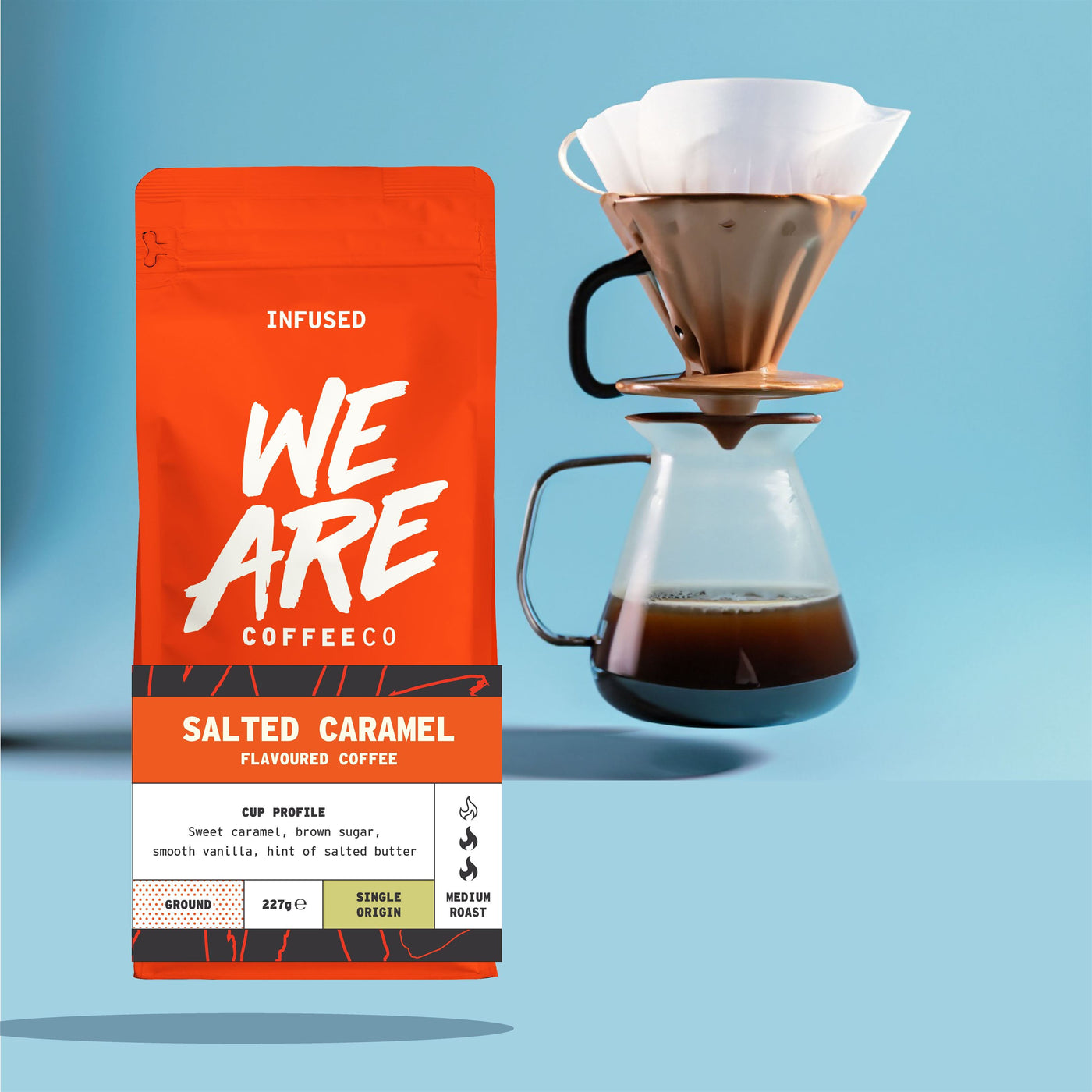 Colombian Salted Caramel Flavoured Coffee ground coffee - detail view by We Are Coffee Co
