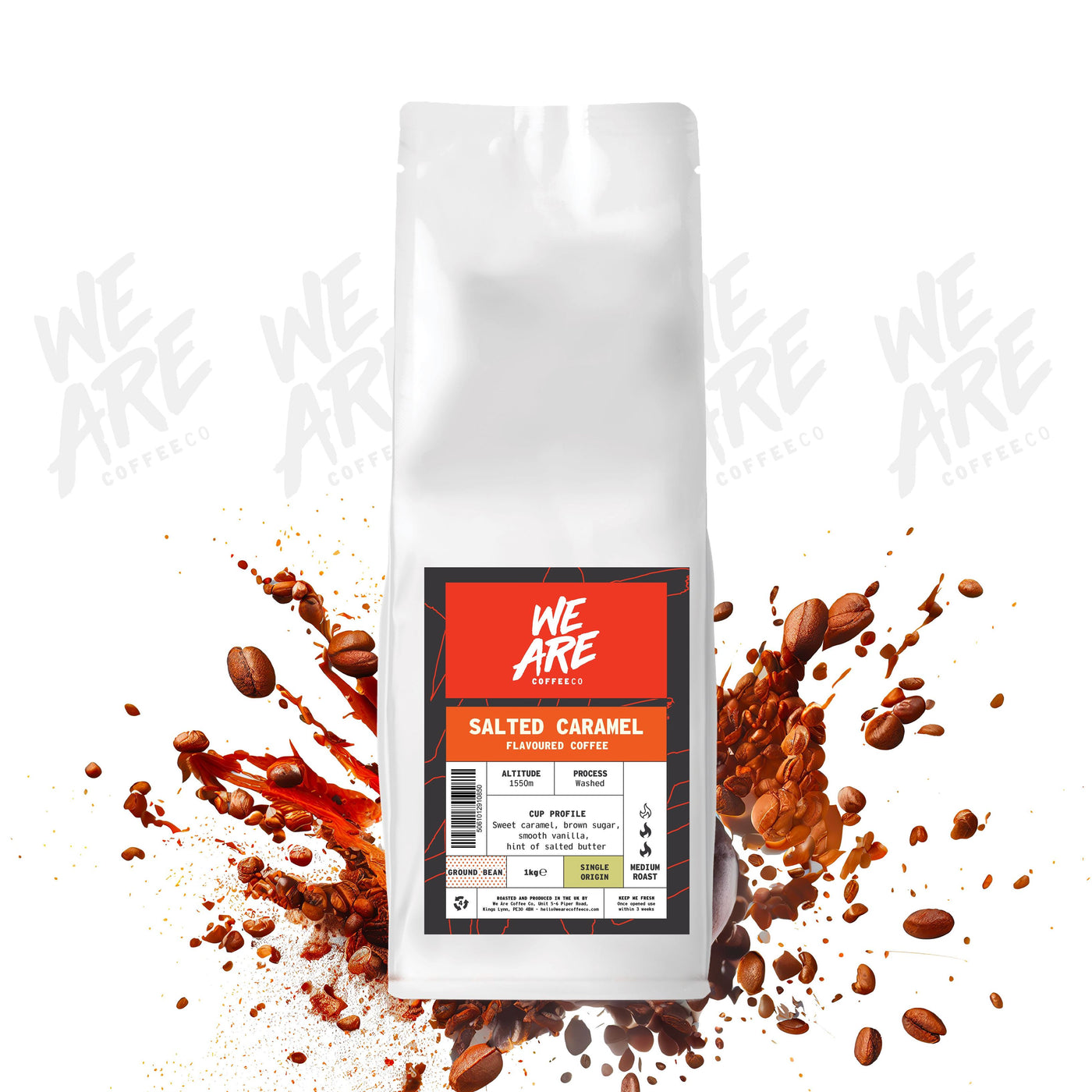 Colombian Salted Caramel Flavoured Coffee ground coffee - display by We Are Coffee Co