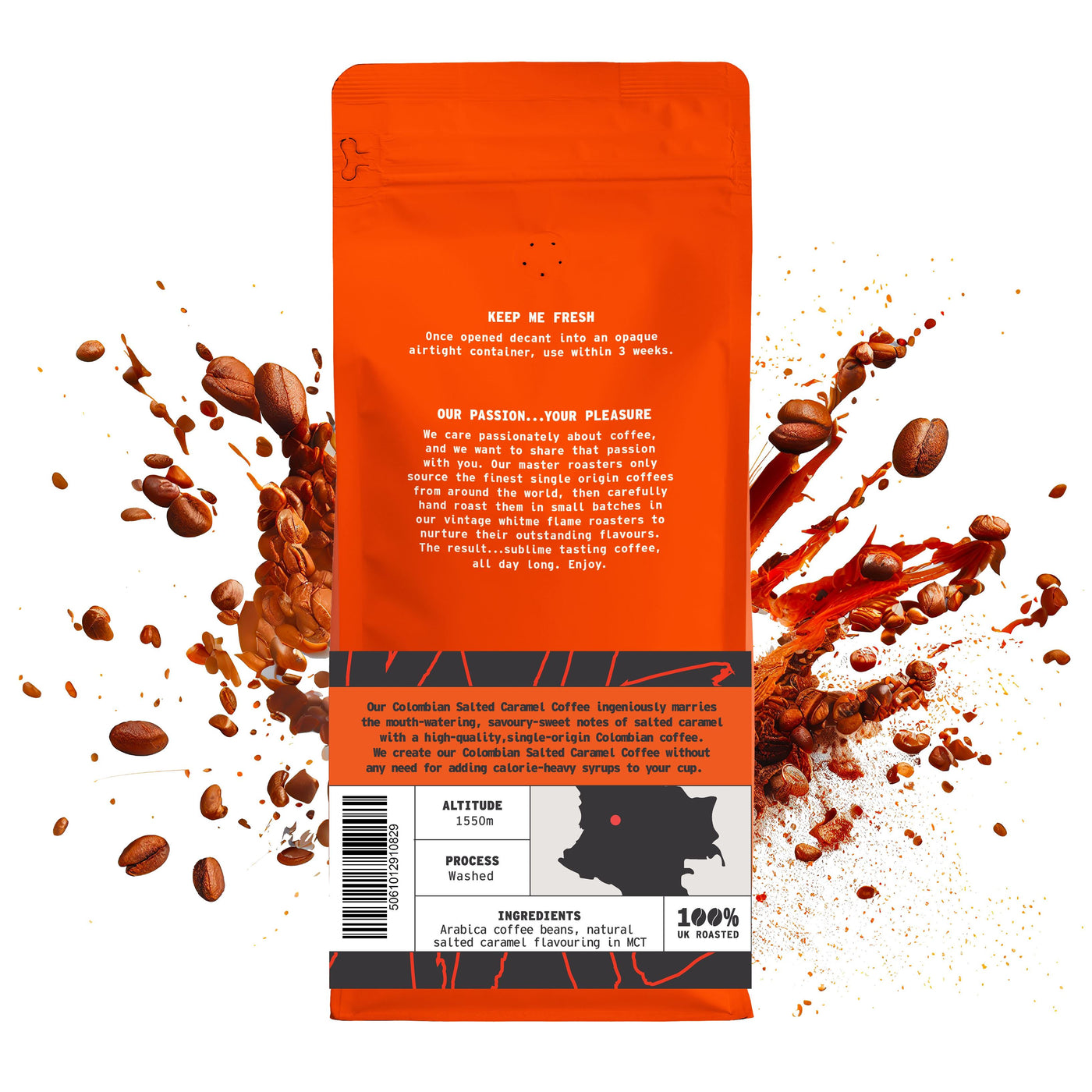 Colombian Salted Caramel Flavoured Coffee whole bean coffee - side view by We Are Coffee Co