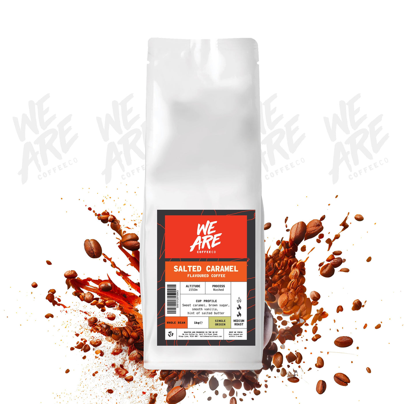 Colombian Salted Caramel Flavoured Coffee whole bean coffee - display by We Are Coffee Co