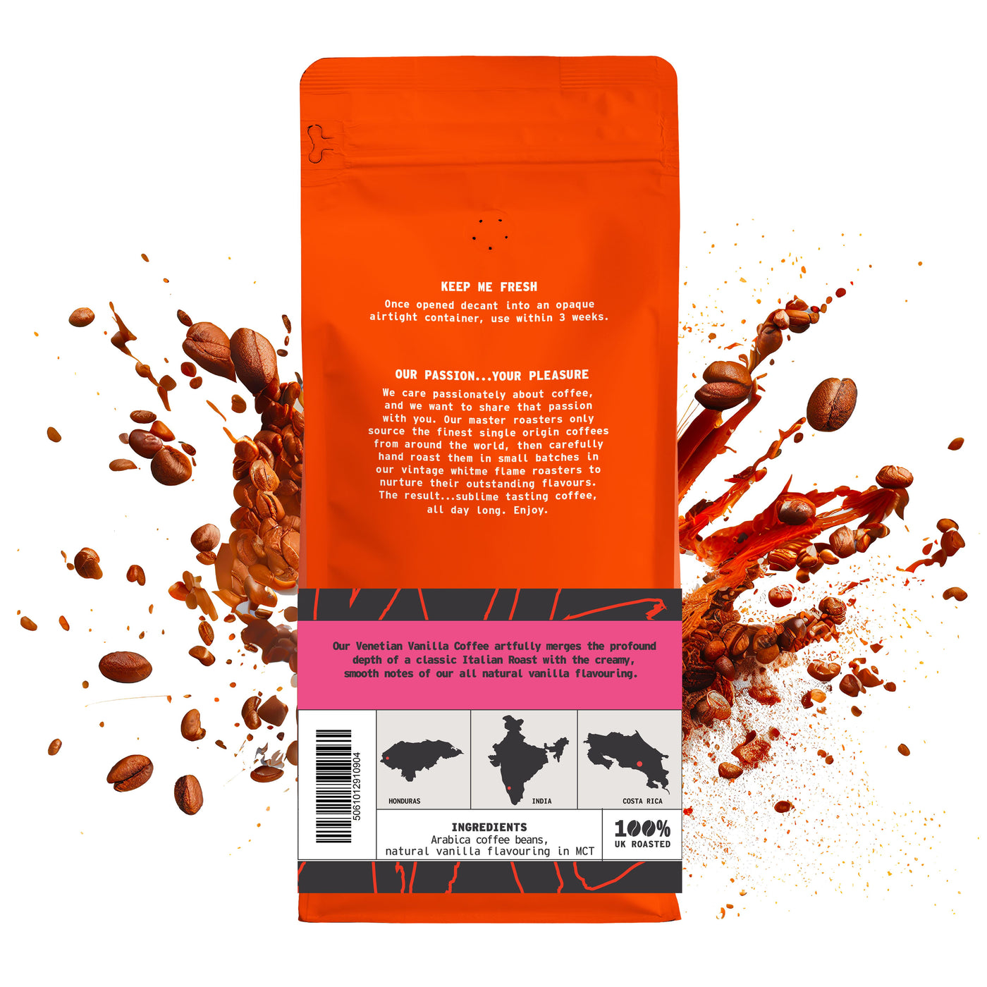 Venetian Vanilla Flavoured Coffee whole bean coffee - side view by We Are Coffee Co