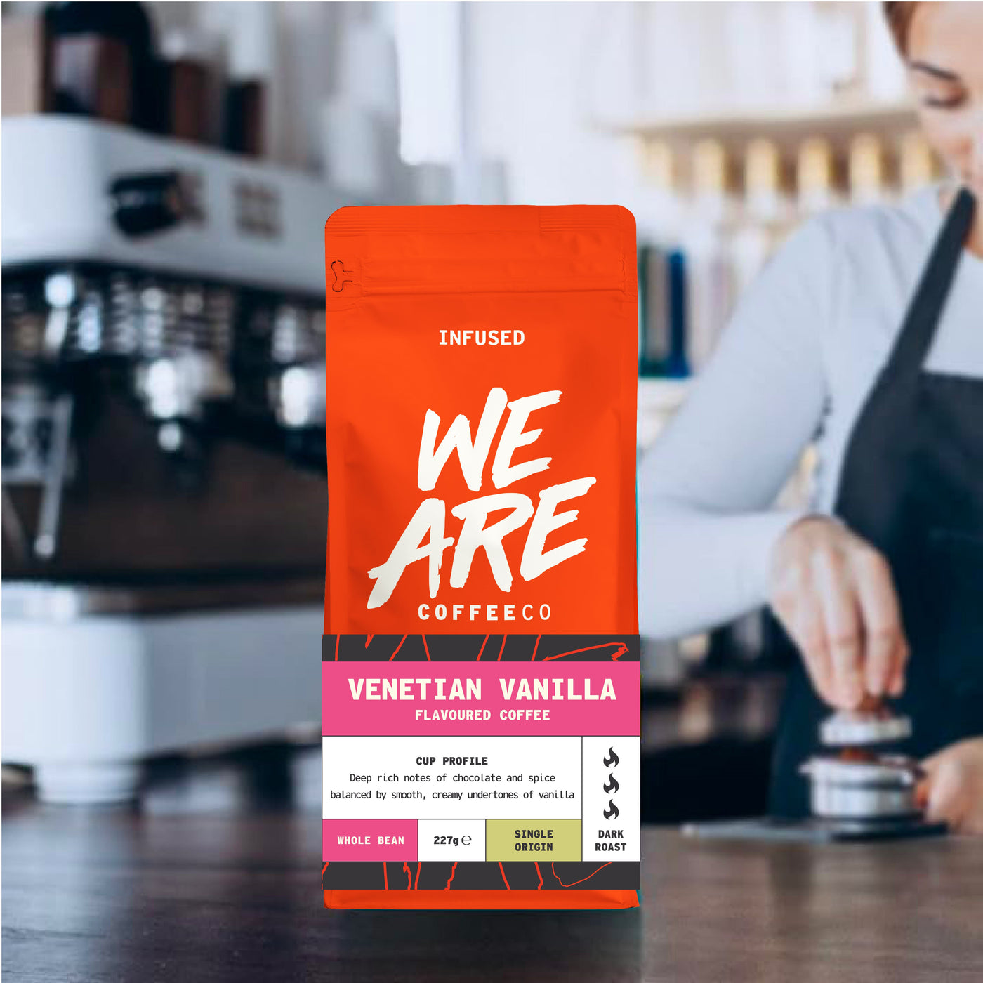 Venetian Vanilla Flavoured Coffee whole bean coffee - lifestyle shot by We Are Coffee Co