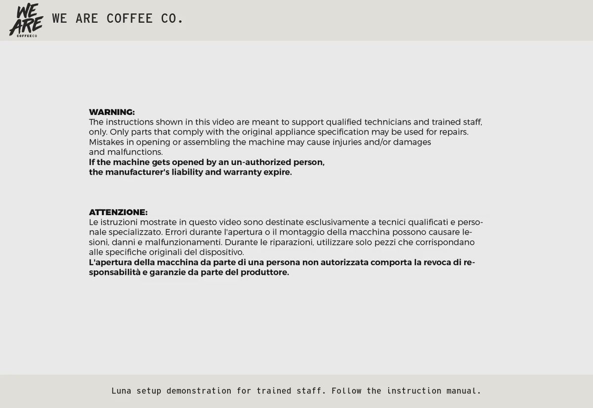 Anfim Luna: silent English-labelled setup demonstration, with We Are Coffee Co branding.