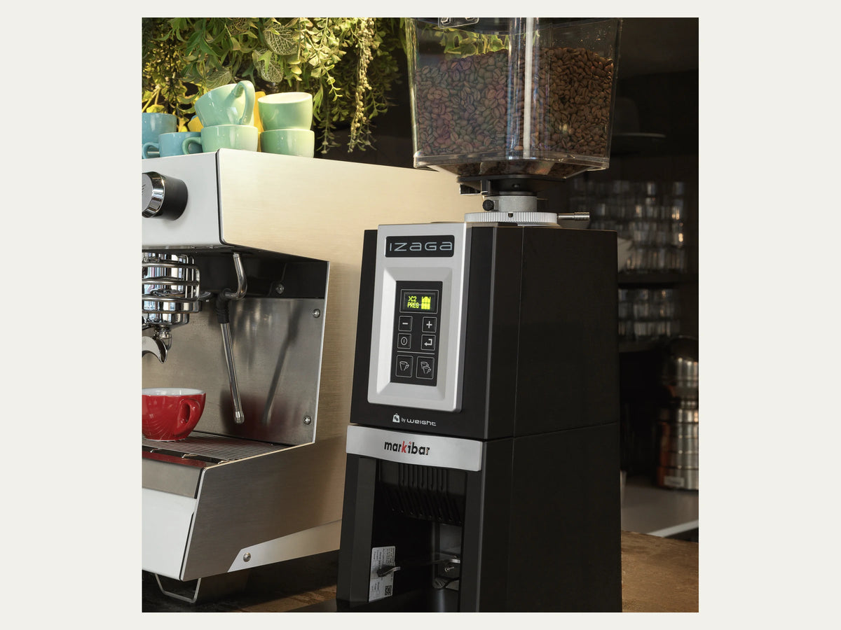 Markibar Izaga W grind-by-weight commercial coffee grinder, three-quarter view.