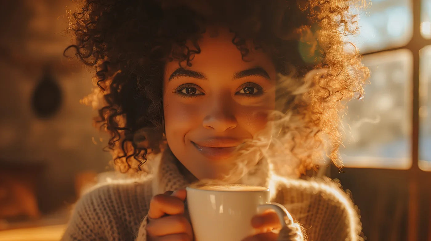 Person smiling with a cup of coffee
