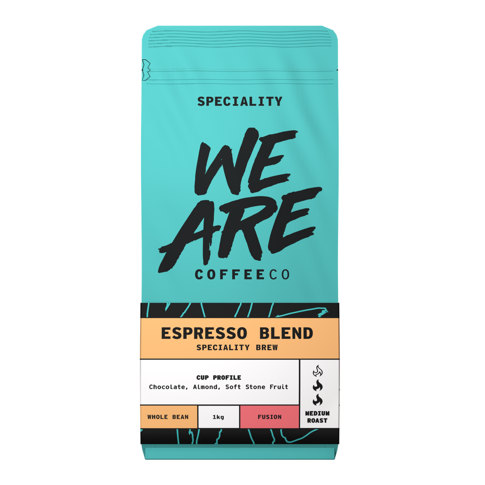Espresso Blend: selected pack, 1kg whole. 1kg pack shown as an illustrative depiction.